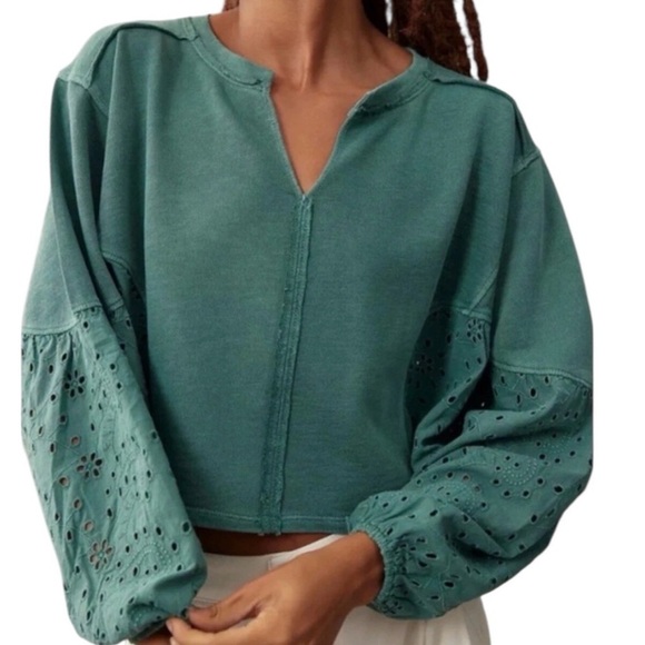 Pilcro Tops - Pilcro Anthropologie Batwing Eyelet Cropped Sweatshirt Green XL